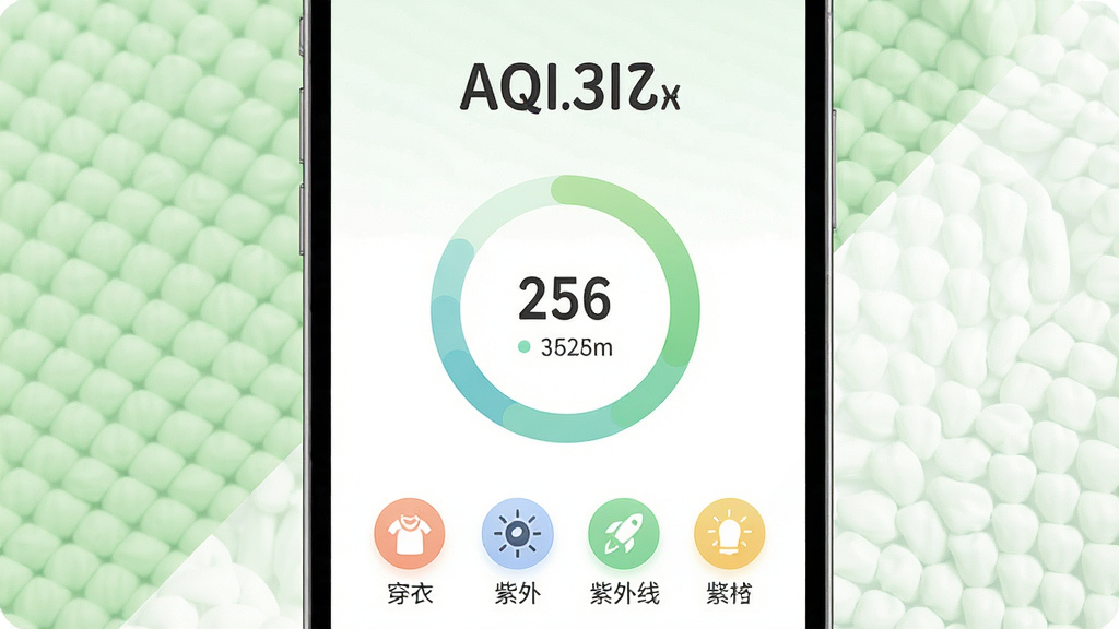 一张展示早识天气空气质量与生活指数功能的图片,画面中央是手机屏幕,显示空气质量指数圆环图和多项生活指数图标,背景是淡绿色与白色交织的清新色调,布局采用上下结构,上方为AQI数值,下方为穿衣、紫外线等图标,风格柔和圆润,细节清晰,画质高清,干净无多余元素