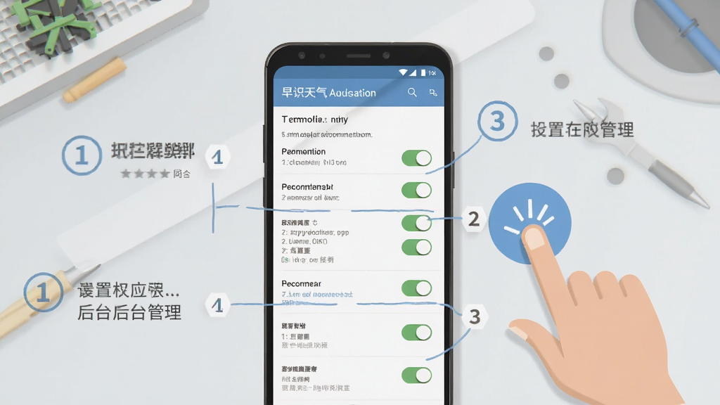 一张展示早识天气在安卓手机上设置权限和后台管理的操作示意图,画面中手机屏幕显示权限设置列表,旁边有手指点击的图标,背景是浅灰色工作台,布局清晰展示步骤序号,风格扁平化教学插图,细节突出开关按钮和文字说明,画质高清,干净无多余元素