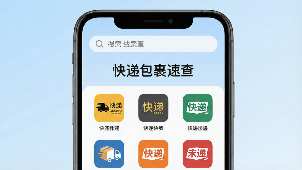 一张干净简洁的智能手机界面截图,手机屏幕中央显示「快递包裹速查」软件首页,顶部有搜索框,下方排列着多个快递公司的彩色图标,背景是柔和的浅蓝色渐变,画面风格清新现代,UI设计扁平化,文字清晰可见,画质干净,无多余元素,高清1080P