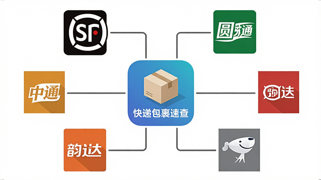 一张展示多快递公司图标汇聚的示意图,画面中央是「快递包裹速查」软件图标,周围环绕着顺丰、圆通、中通、韵达、京东物流等快递品牌标志,用线条连接表示聚合查询,风格扁平化,背景为干净的白色,排版整齐,画质清晰,无多余元素