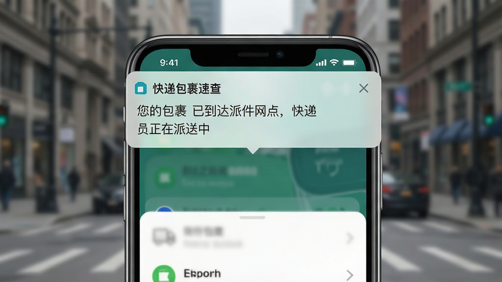一张手机通知栏弹出物流状态更新的界面示意图,手机屏幕上方显示「快递包裹速查」的推送通知,内容为「您的包裹已到达派件网点,快递员正在派送中」,画面风格写实,背景为模糊的城市街景,排版简洁,画质清晰,无多余元素