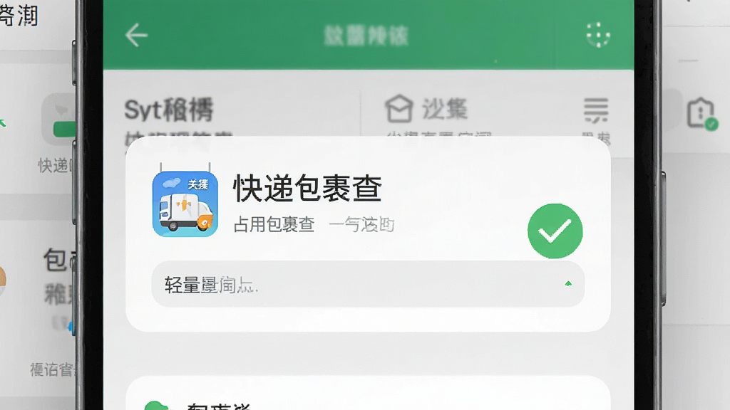 一张展示手机存储空间管理界面的示意图,画面中「快递包裹速查」应用显示占用空间极小,旁边有绿色对勾标记表示轻量省电,背景为手机系统设置界面风格,排版清晰,画质干净,无多余元素