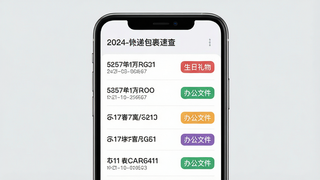 一张展示「快递包裹速查」历史记录与备注管理界面的示意图,手机屏幕显示列表中有多个快递单号,每个单号右侧有彩色标签备注,如「生日礼物」「办公文件」等,界面风格简洁商务,背景为浅灰色,排版整齐,画质高清,无多余元素