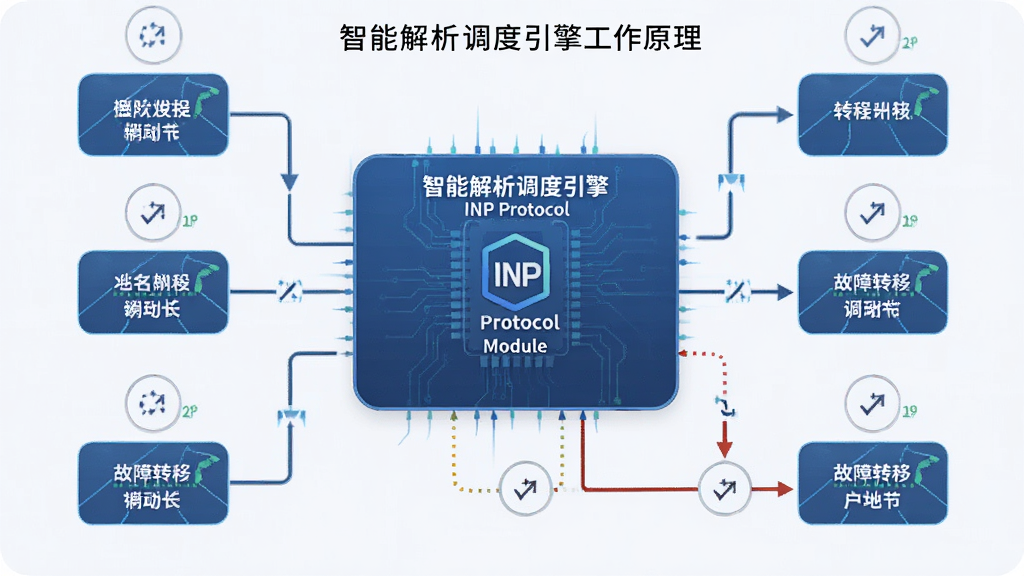 一张展示智能解析调度引擎工作原理的示意图,画面主体为多维下一代互联网域名INP协议的调度模块,布局采用流程图式排版,风格为简洁商务科技风,细节包括多个解析节点、动态权重指示器和故障转移路径,画质清晰干净,无多余元素