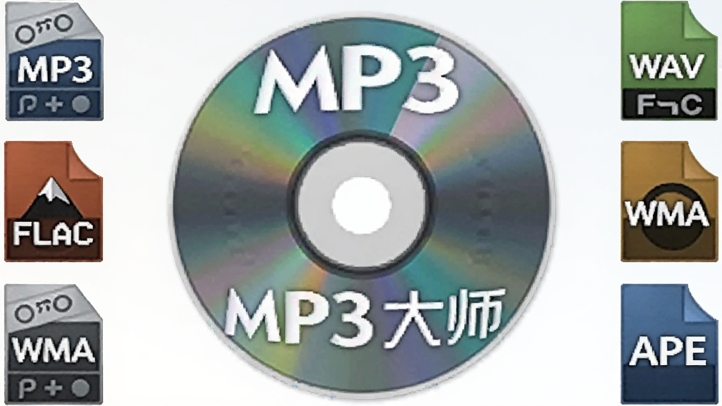 一张展示多种音频格式图标环绕MP3 CD 刻录大师软件标志的合成图片,画面中心是软件图标,周围分布着MP3、WAV、FLAC、WMA、APE等格式标签,背景为浅色渐变,风格简洁现代,细节清晰,画质干净,无多余元素