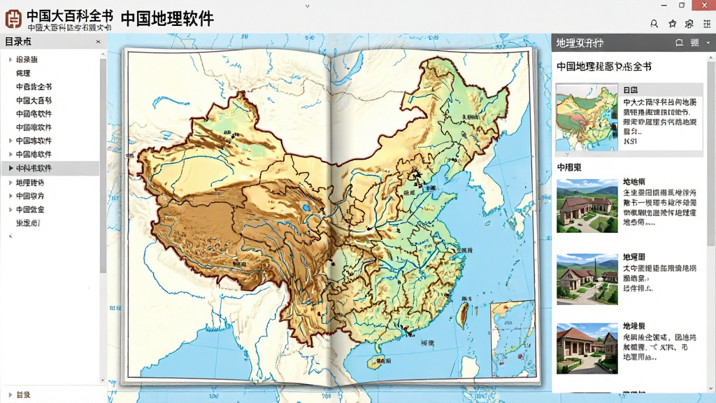 中国大百科全书中国地理软件主界面展示,画面中央为打开的中国地图与百科全书书页融合场景,左侧为目录导航栏,右侧为地理词条图文展示区,背景为淡蓝色地图纹理,排版清晰整洁,风格写实科普,细节包含山脉河流城市标注,画质高清,干净无多余元素