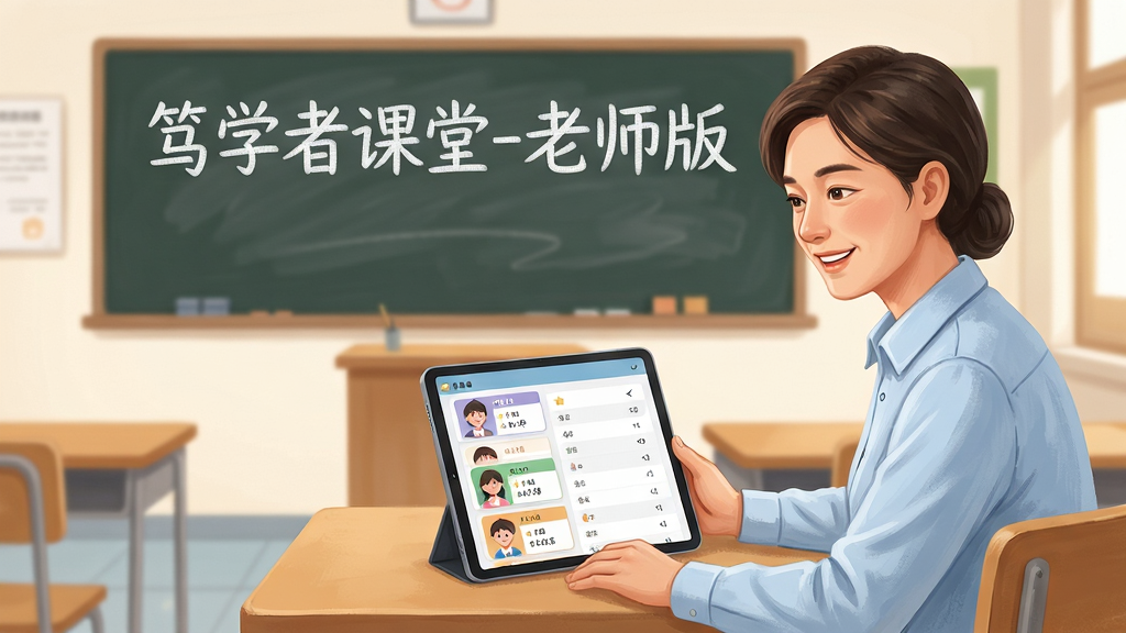 画面前景是一位穿着浅蓝色衬衫的老师坐在办公桌前,面带微笑地看着面前的平板电脑,平板屏幕上显示着多个班级卡片和花名册列表,每个班级卡片上有学生头像和人数统计,背景是整洁明亮的教室环境,黑板上用粉笔写着“笃学者课堂-老师版”几个大字,整体排版采用三分法构图,老师位于画面右侧,左侧留白展示班级管理界面,风格为温馨写实插画,色调柔和,细节上学生头像清晰可辨,画质高清干净,无多余元素。