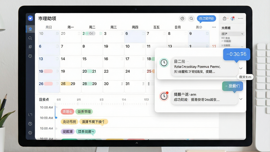 一张展示成功助理日程提醒功能的图片,画面主体是软件界面中的日历视图与提醒弹窗,布局为上方月历网格,下方为当日时间轴与提醒条目,排版整齐,风格清爽明亮,细节包括彩色标签、时钟图标、提醒气泡,画质清晰,干净,无多余元素