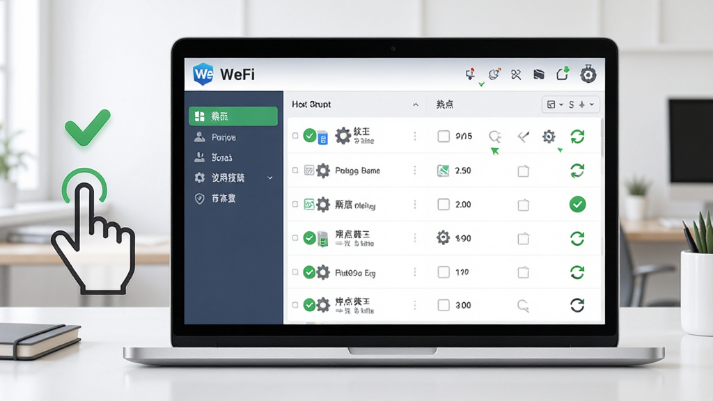 软件WeFi的使用指南示意图,画面是一台笔记本电脑屏幕显示WeFi操作界面,左侧导航栏、右侧热点列表、顶部工具栏清晰可见,屏幕旁边有手指点击的图标示意操作,背景是简洁的办公桌面,布局为屏幕居中展示,风格写实科技风,细节有绿色对勾、齿轮设置图标、刷新箭头,画质清晰干净,无多余元素