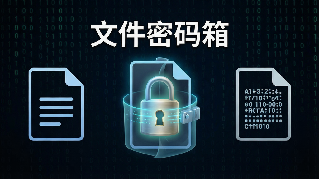 一幅展示文件密码箱加密过程的示意图,画面左侧是一个普通文件图标,中间是一个发光的密码锁正在将文件包裹起来,右侧是加密后变成乱码的文件图标,背景是深色科技风格,有二进制代码流动的视觉效果,整体风格简洁专业,画质清晰,干净无多余元素,图片中打上文字