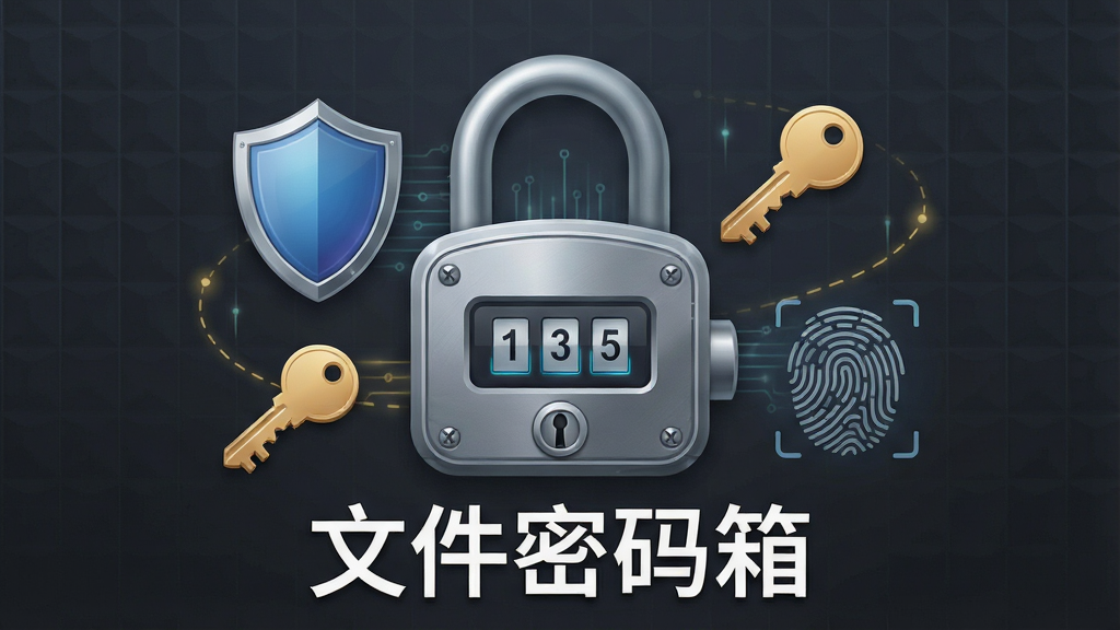 一幅展示文件密码箱密码保护功能的图片,画面中央是一个带有密码输入框的锁形界面,周围有盾牌、钥匙、指纹等安全元素环绕,背景是深灰色调,有淡淡的网格纹理,整体风格安全可靠,画质清晰,干净无多余元素,图片中打上文字