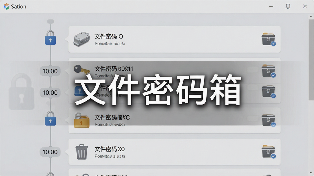 一幅展示文件密码箱操作日志界面的图片,画面中是一个时间轴形式的日志列表,每条记录旁边有对应的操作图标如锁、钥匙、垃圾桶等,背景是淡灰色的商务风格,界面整洁有序,画质清晰,干净无多余元素,图片中打上文字