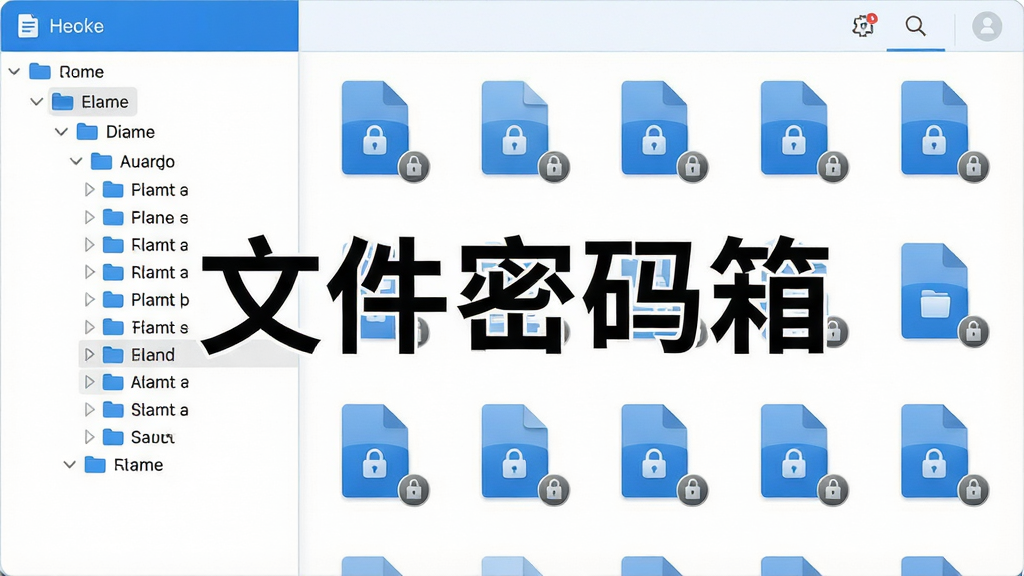 一幅展示文件密码箱批量管理功能的图片,画面中是一个整洁的文件列表界面,左侧是文件夹树状结构,右侧是多个文件图标排列整齐,每个文件旁边有一个小锁图标表示已加密,界面风格清爽简约,配色以蓝白为主,画质清晰,干净无多余元素,图片中打上文字