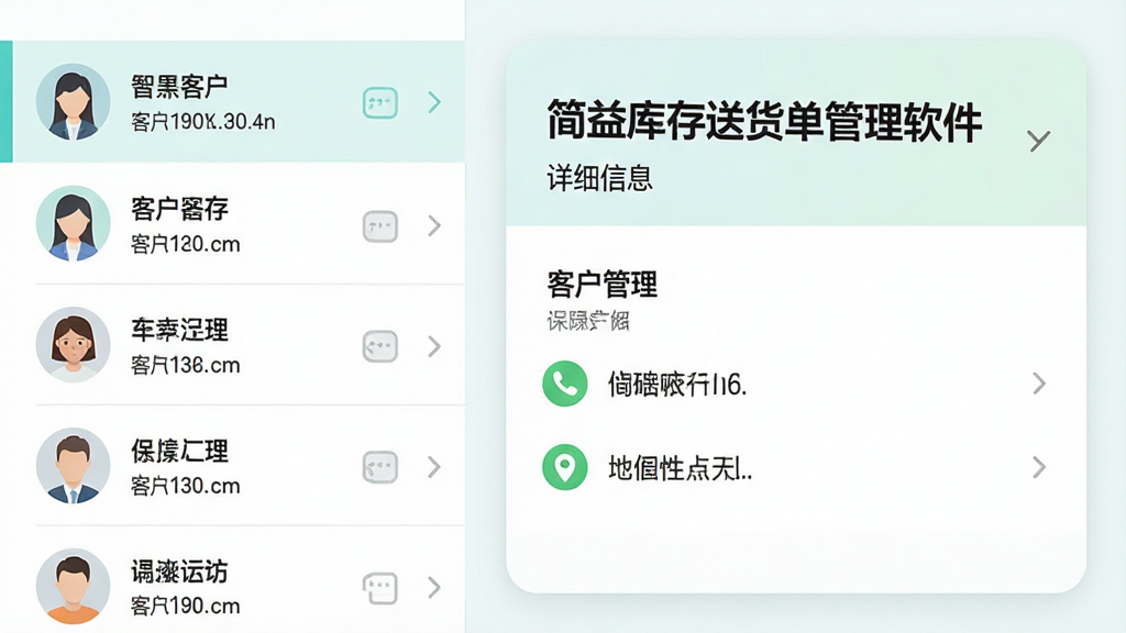 AI生图,画面主体是一个通讯录风格的界面,左侧是客户列表,右侧是详细信息卡片,卡片上显示“简益库存送货单管理软件”的客户管理模块,布局为左右分栏,风格为清新浅色风,细节包括头像图标、电话图标、地址图标,画质清晰,干净无多余元素