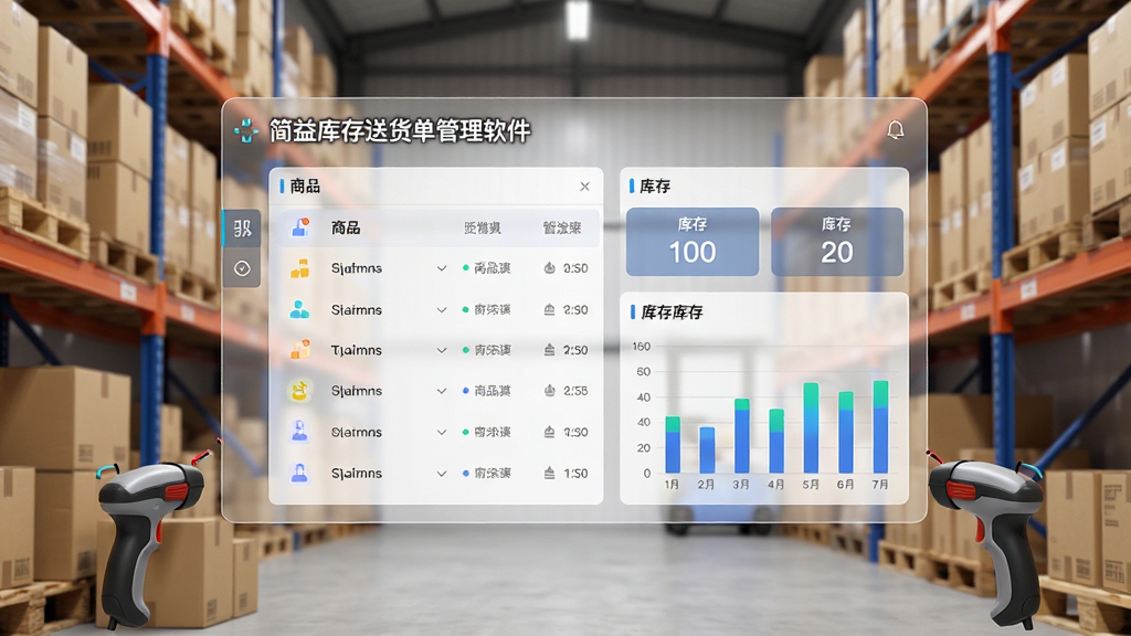 AI生图,画面主体是一个半透明的数据看板悬浮在仓库背景上方,看板上显示“简益库存送货单管理软件”字样,布局为左侧是商品列表,右侧是库存数字和柱状图,风格为科技简约风,细节包括纸箱、货架、扫码枪,画质清晰,干净无多余元素