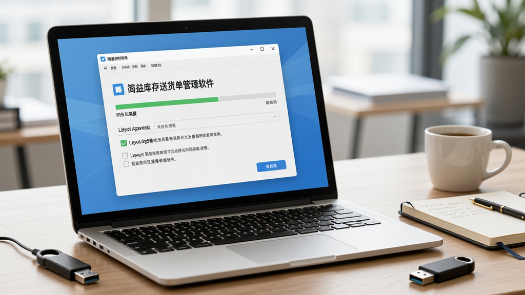 AI生图,画面主体是一台笔记本电脑屏幕上显示“简益库存送货单管理软件”的安装向导界面,旁边放着一个U盘和一本笔记本,布局为电脑在中央偏左,U盘在右下角,风格为写实办公风,细节包括安装进度条、许可协议勾选框、桌面上的咖啡杯,画质高清,干净无多余元素