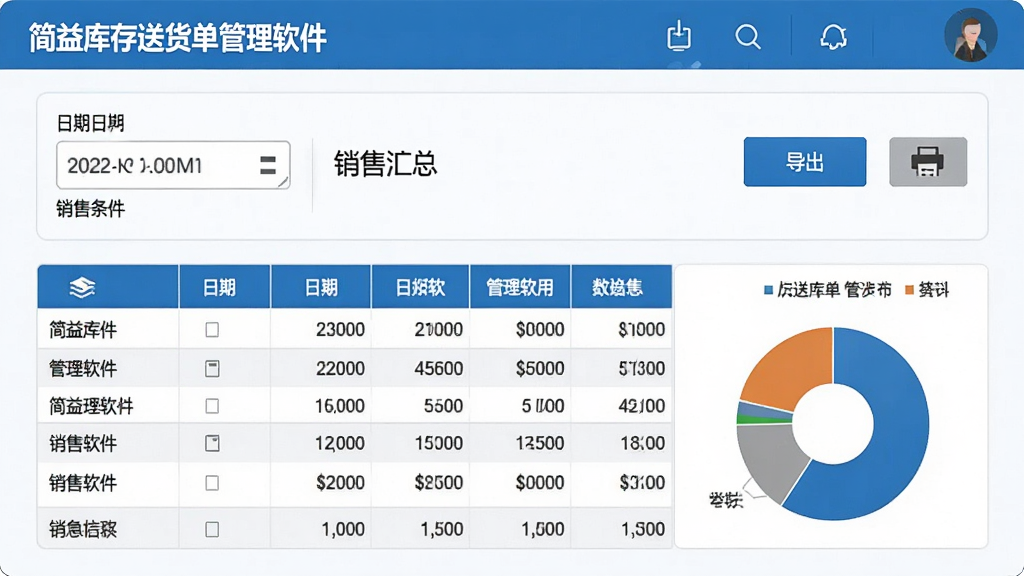 AI生图,画面中央是一个数据报表界面,表格中显示“简益库存送货单管理软件”的销售汇总数据,布局为上方是筛选条件,下方是数据表格和饼状图,风格为商务蓝白风,细节包括日期选择器、导出按钮、打印图标,画质高清,干净无多余元素