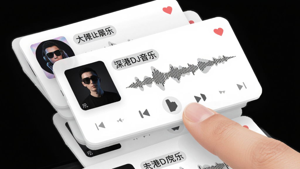深港DJ音乐盒智能歌单管理界面特写,主体为悬浮的播放列表卡片,卡片上显示歌曲名称与波形图,布局为层叠式卡片流,风格简约扁平化,细节包含手指拖拽排序、心形收藏图标,画质清晰,干净,无多余元素