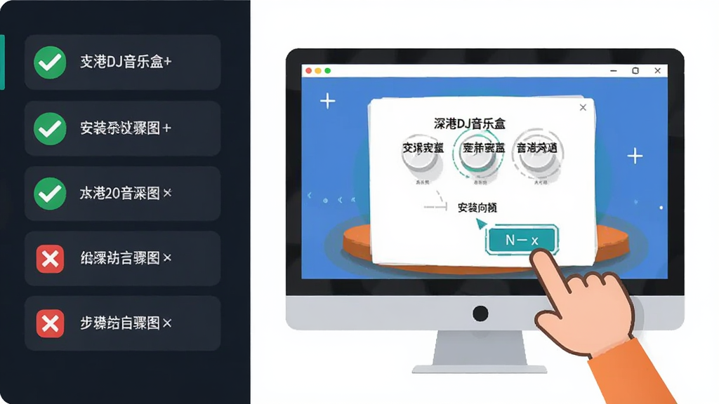 深港DJ音乐盒新手操作示意图,主体为电脑屏幕显示软件安装向导界面,旁边有卡通人物手指引导点击下一步,布局为左右分栏,左侧为步骤列表,右侧为界面截图,风格扁平插画风,细节包含绿色对勾、红色叉号标记,画质清晰,干净,无多余元素