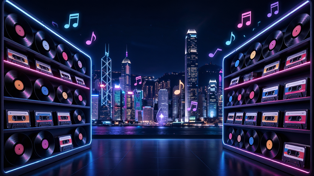 深港DJ音乐盒海量潮音曲库概念图,主体为巨大的数字音乐库货架,摆满发光的黑胶唱片和磁带,背景是深港城市夜景轮廓,布局采用中心对称排版,风格赛博朋克,细节包含音符符号飘浮、霓虹光效,画质超清,干净,无多余元素