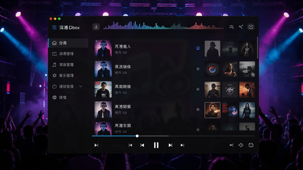 深港DJ音乐盒软件界面全貌,主体为深色潮酷风格音乐播放器窗口,左侧为分类导航栏,中间为歌曲列表,底部为播放控制条,背景为霓虹闪烁的夜店舞台灯光,布局清晰,排版规整,风格现代科技感,细节包含频谱跳动动画、专辑封面墙,画质高清,干净,无多余元素