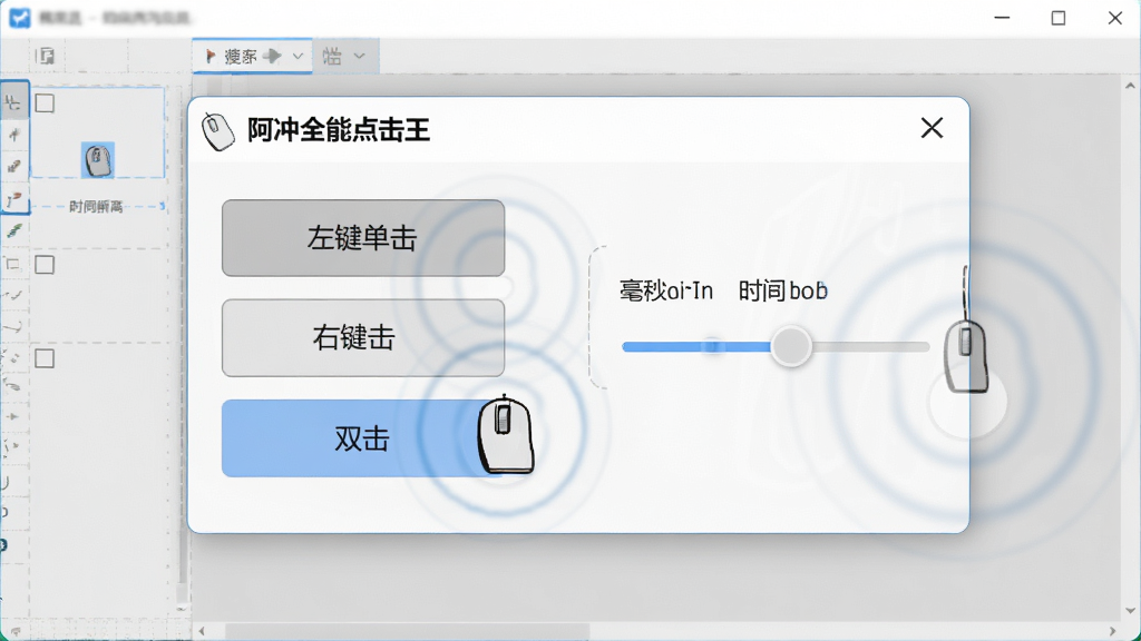 一张软件功能展示图,画面中心是“阿冲全能点击王”的鼠标设置面板,面板上显示左键单击、右键单击、双击等选项按钮,旁边有毫秒级时间间隔调节滑块,背景为浅灰色工作区,风格简洁专业,细节上体现鼠标图标与点击波纹,画质清晰,画面干净无多余元素