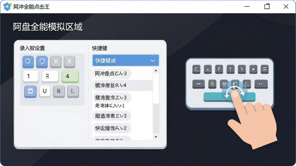 一张功能示意图,画面中“阿冲全能点击王”的软件界面展示键盘按键模拟设置区域,界面上有按键录入框和快捷键列表,旁边显示一个键盘图标与按下的动画效果,整体风格为扁平化设计,配色清爽,布局清晰,画质细腻,画面干净无多余元素