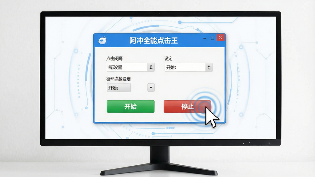 一张电脑桌面软件界面展示图,画面主体是一台宽屏显示器,屏幕中央显示“阿冲全能点击王”的软件操作界面,界面中包含鼠标点击间隔设置、循环次数设定、开始与停止按钮等参数面板,布局简洁清晰,整体风格为现代科技感,配色以蓝白为主,细节上体现鼠标光标与点击波纹效果,画质清晰锐利,画面干净无多余元素