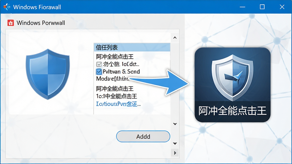 一张电脑安全设置示意图,画面中显示Windows防火墙或杀毒软件的信任列表设置界面,旁边有“阿冲全能点击王”的软件图标被添加到白名单的示意,整体风格为系统设置界面的写实风格,配色以蓝白灰为主,细节上体现盾牌图标与添加按钮,画质清晰,画面干净无多余元素