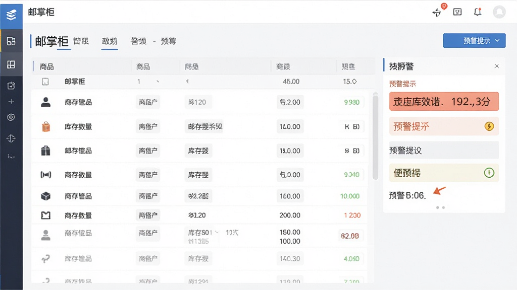 商品库存管理界面,画面展示“邮掌柜”软件中的商品列表、库存数量、预警提示等模块,界面整洁,布局清晰,排版规整,风格商务简约,细节丰富,画质高清,干净,无多余元素