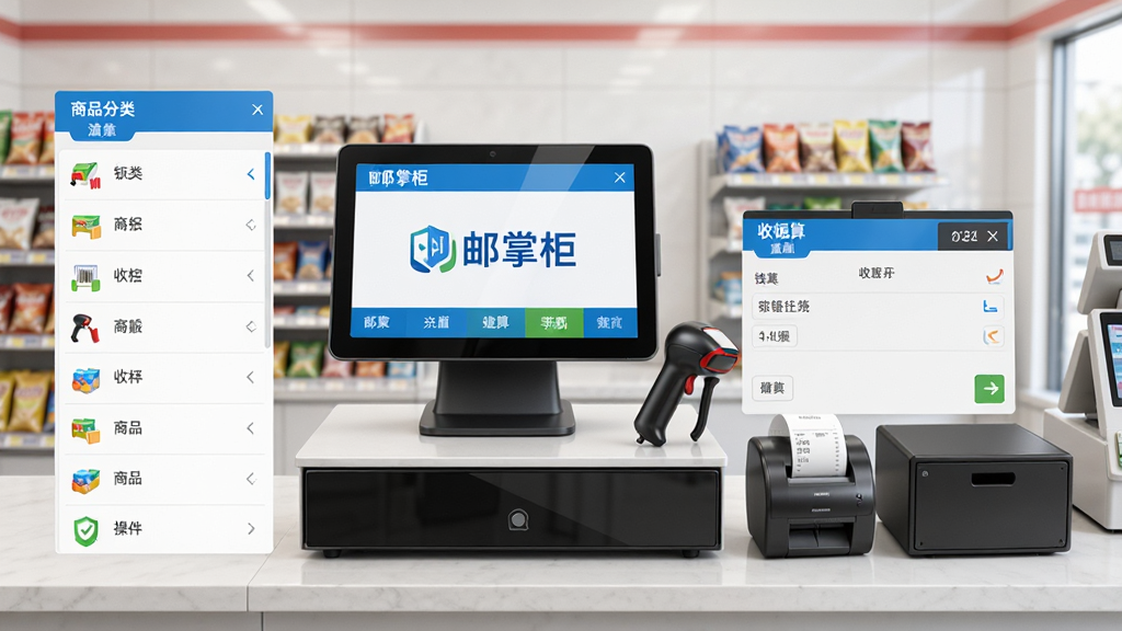 软件主界面展示,画面中央是“邮掌柜”收银系统操作台,左侧为商品分类列表,右侧为收银结算区域,包含扫码枪、小票打印机、钱箱等设备元素,背景为整洁的便利店柜台环境,布局清晰,排版规整,风格写实商务,细节丰富,画质高清,干净,无多余元素