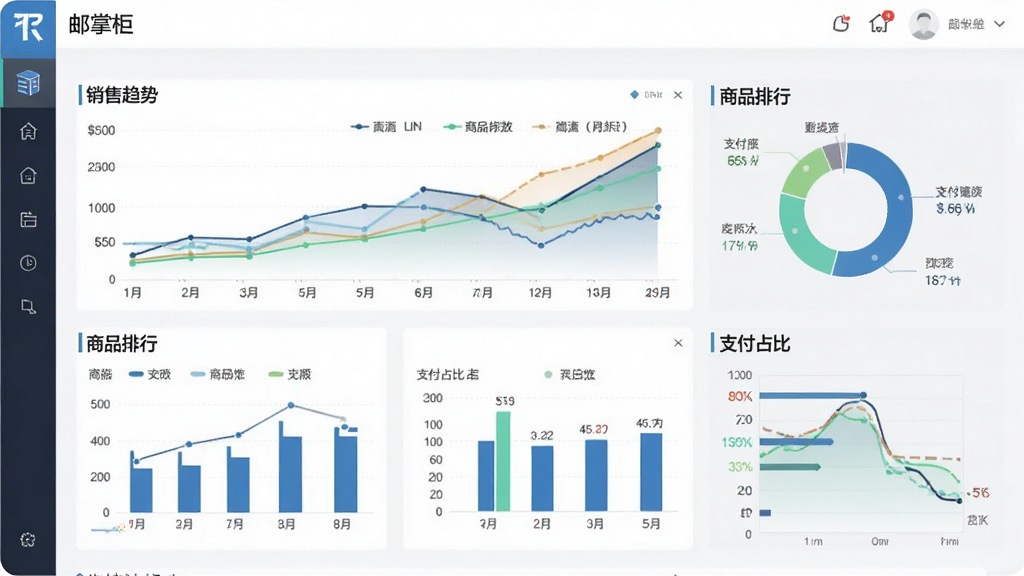 数据统计报表界面,画面展示“邮掌柜”软件中的销售趋势图、商品排行、支付占比等图表,界面清晰,布局合理,排版规整,风格商务专业,细节丰富,画质高清,干净,无多余元素