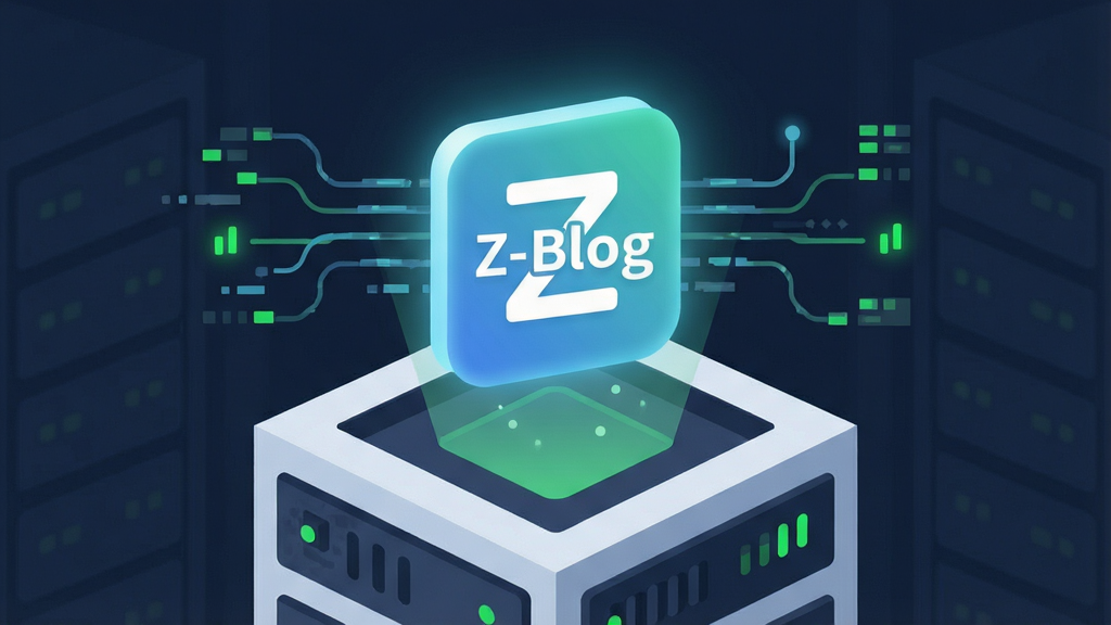 一张表现Z-Blog轻量高效特性的概念图,画面主体是一个发光的轻量级程序图标悬浮在服务器机柜上方,布局为上下结构,排版简洁,风格为扁平化科技插画风,细节包括数据流线条、绿色性能指示灯和Z-Blog字样标识,画质清晰,干净,无多余元素