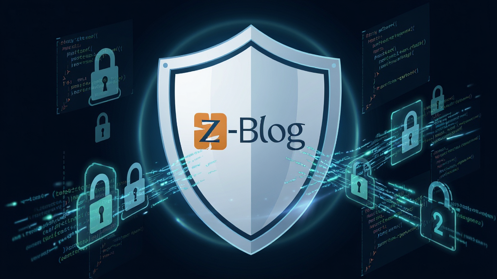 一张表现Z-Blog安全防护功能的场景图,画面主体是一面带有Z-Blog标志的盾牌,盾牌前方有数据流被拦截的视觉效果,布局为居中构图,风格为安全科技风,细节包括锁形图标、防护光晕和代码片段,画质清晰,干净,无多余元素