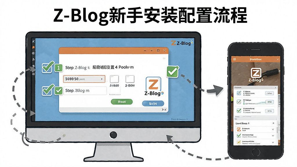一张展示Z-Blog新手安装配置流程的图解,画面主体是一台电脑屏幕显示安装向导界面,旁边有手机屏幕显示移动端后台,布局为左右对比,风格为教程插画风,细节包括步骤数字、勾选图标和Z-Blog标志,画质清晰,干净,无多余元素