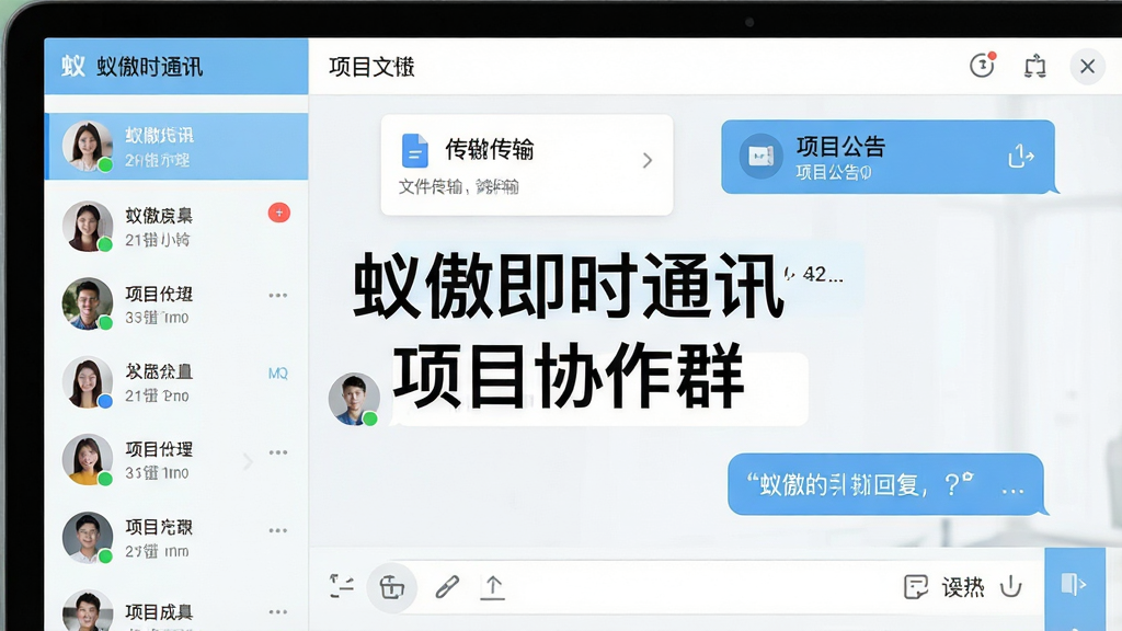 蚁傲即时通讯群组协作界面,画面展示一个多人聊天群窗口,左侧为群成员头像列表,右侧为聊天区域,包含文件传输卡片、群公告横幅与引用回复气泡,屏幕中文字显示“蚁傲即时通讯”与“项目协作群”字样,风格为现代办公软件界面,配色以浅蓝与白色为主,细节包括群文件图标、未读消息标记、输入框工具栏,画质清晰,干净,无多余元素