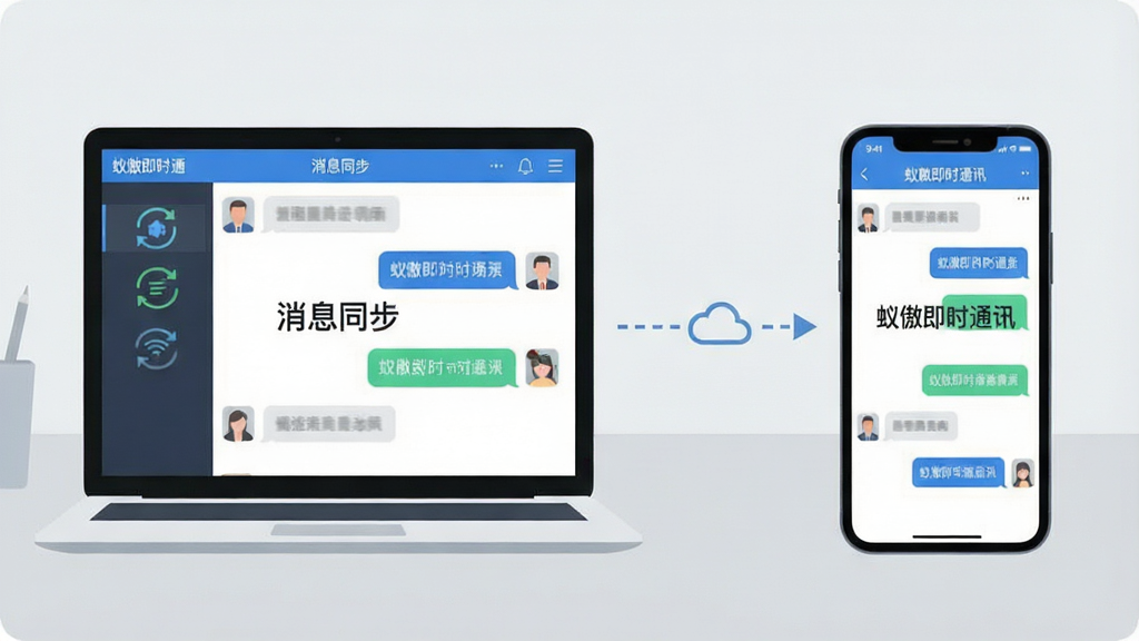 蚁傲即时通讯多端同步场景展示,画面中左侧为一台笔记本电脑显示聊天界面,右侧为一部智能手机显示相同对话内容,中间用虚线箭头连接表示云同步,屏幕中文字显示“蚁傲即时通讯”与“消息同步”字样,背景为浅灰色办公桌面,风格为科技感扁平插画,细节包括同步图标、消息气泡、设备轮廓,画质清晰,干净,无多余元素