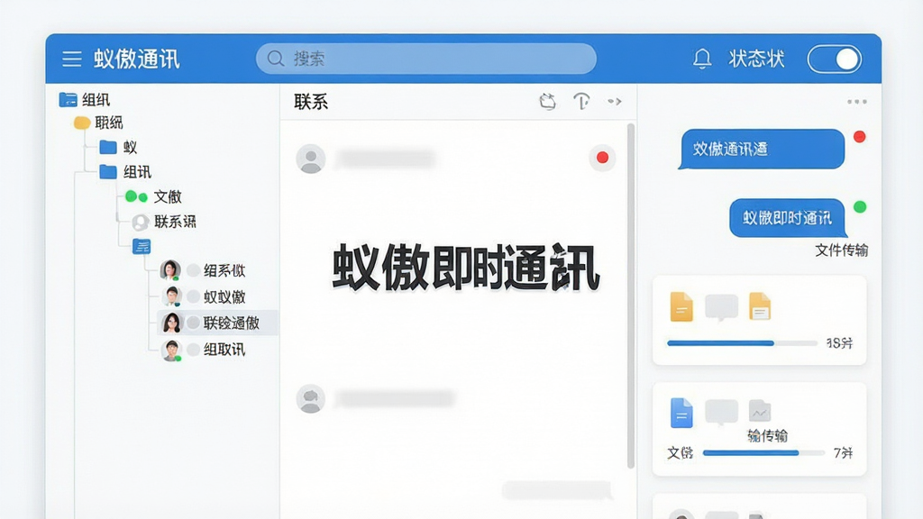 蚁傲即时通讯软件主界面全貌展示,画面中央为聊天窗口与联系人列表分栏布局,左侧显示组织架构树状图,右侧为对话气泡与文件传输卡片,顶部有搜索栏与状态切换按钮,整体采用蓝白商务配色,界面干净整洁,图标线条简洁,屏幕中文字显示“蚁傲即时通讯”字样,风格为现代扁平化UI设计,细节包括消息未读红点、在线状态圆点、文件传输进度条,画质清晰,干净,无多余元素