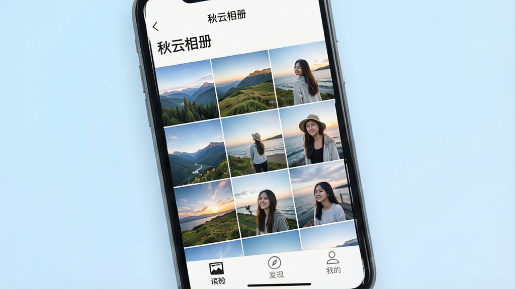 一张展示智能手机屏幕的图片,屏幕上显示着“秋云相册”应用程序的界面,界面布局整洁,上方有“秋云相册”文字标题,中间是网格状排列的风景和人物照片缩略图,底部有相册、发现、我的等导航图标,整体风格清新简约,背景为柔和的浅蓝色渐变,画质清晰,干净无多余元素