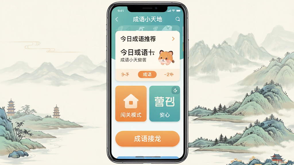 成语小天地手机应用主界面展示,画面中央是一部智能手机,屏幕显示成语小天地软件首页,包含今日成语推荐卡片、闯关模式入口、成语接龙按钮等模块,背景是淡雅的中国风山水插画,整体布局清晰,排版简洁,风格为现代扁平化设计,细节上屏幕内文字清晰可辨,画质高清,干净无多余元素