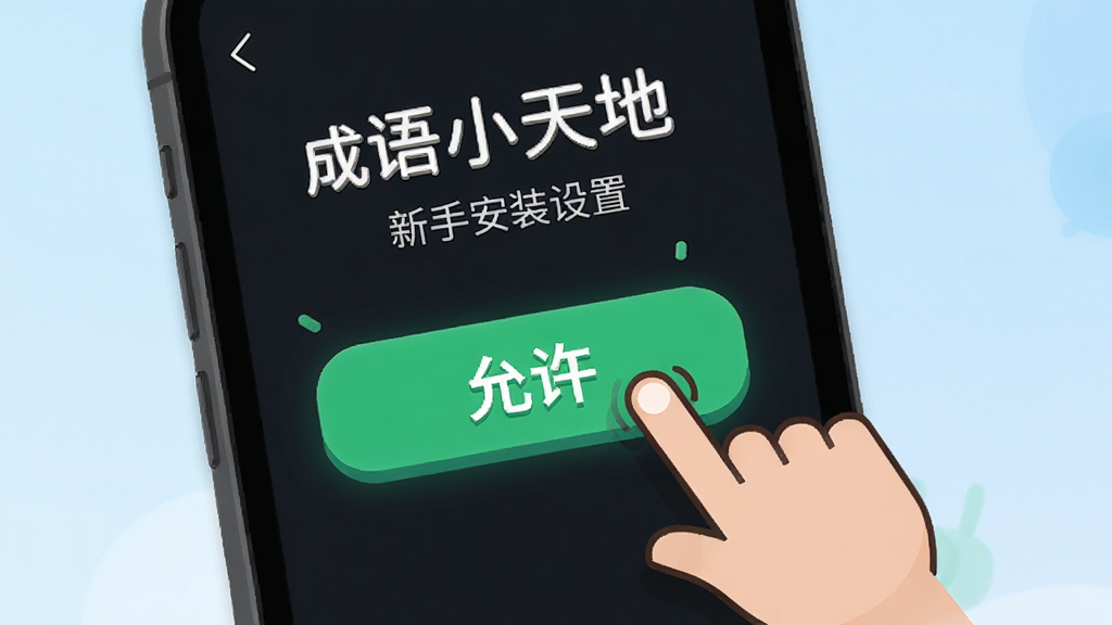 成语小天地新手安装设置界面,画面展示一部手机屏幕显示权限设置页面,旁边有卡通人物手指点击“允许”按钮,背景是淡蓝色渐变,布局为手机界面特写加人物引导,风格为扁平化教程插画,细节上按钮高亮、文字清晰,画质高清,干净无多余元素