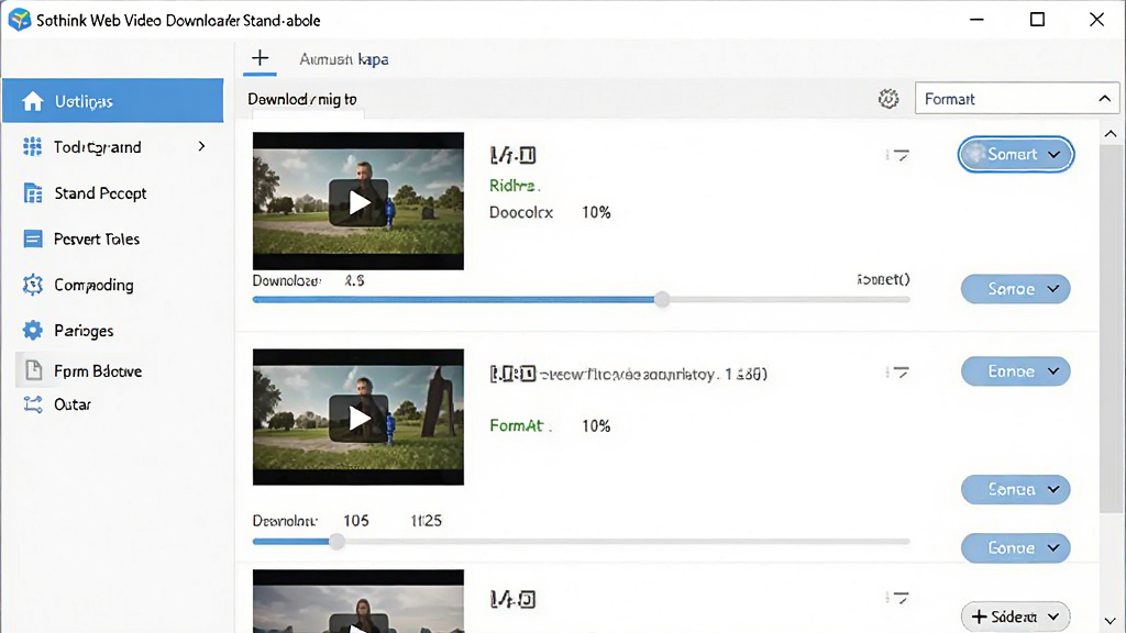 ����������չʾ������ΪSothink Web Video Downloader Stand-alone�������ڣ�����Ϊ��๦�ܵ��������Ҳ���Ƶ�б������Ű��������룬���Ϊ�ִ���Լ�Ƽ��磬ϸ�ڰ�����Ƶ����ͼ�����ؽ���������ʽѡ��ť�����ʸ��壬����ɾ����޶���Ԫ��