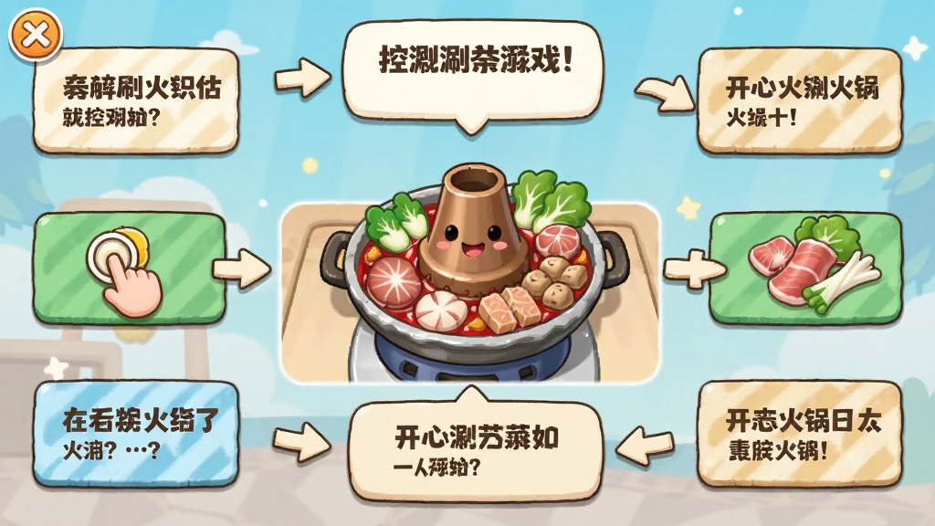 开心涮火锅游戏新手教程界面预览图,主体为卡通风格教学指引场景,布局为中央显示操作演示动画四周环绕提示文字框,排版为手机游戏引导界面,风格为清新明快休闲风,细节包括手指点击图标、箭头指示、对话框、火锅食材图案,画质清晰,干净整洁,无多余元素