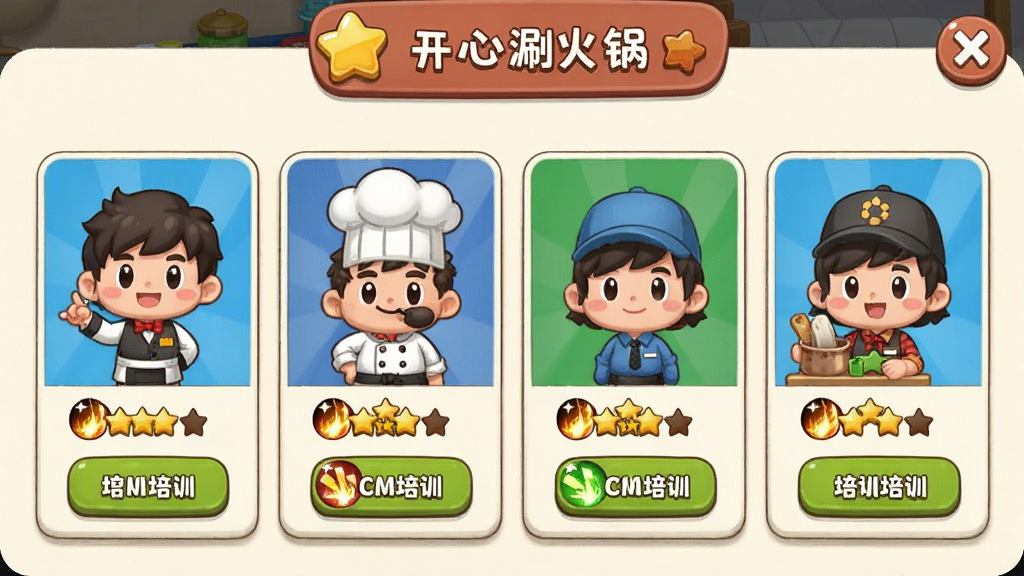开心涮火锅游戏员工管理界面生图,主体为卡通风格员工角色展示,布局为上方显示店铺等级下方排列多名员工卡片,排版为手机游戏管理面板,风格为Q版卡通休闲风,细节包括服务员、厨师、收银员等不同职业角色、技能星级、培训按钮,画质清晰,干净整洁,无多余元素