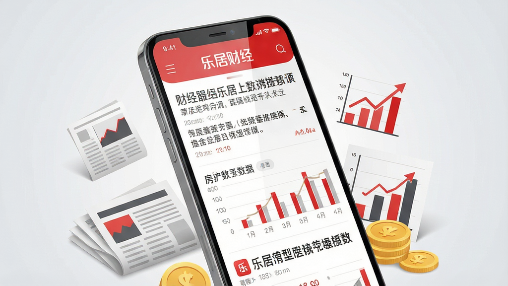 一张展示乐居财经移动端应用界面的概念图,主体为一部智能手机,屏幕中显示乐居财经APP的首页信息流,包含财经新闻标题、房地产数据图表和醒目的红色“乐居财经”标志。布局采用居中构图,手机略微倾斜展现立体感。排版上,手机屏幕内容清晰可辨,周围环绕着微缩的报纸、图表和金币元素,象征财经资讯与财富价值。风格为现代扁平化科技风,色彩以红色、白色和深灰色为主,细节上屏幕反光自然,图标精致。画质高清,干净整洁,无多余元素,背景为浅灰色渐变。
