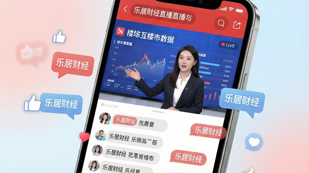一幅描绘乐居财经视频直播与社区互动的画面,主体为手机屏幕显示直播界面,主播正在讲解楼市数据,屏幕下方有用户评论滚动,旁边漂浮着点赞和对话气泡。布局采用手机特写,排版上直播画面与评论区分明。风格为现代社交应用风格,色彩以红色、白色和浅蓝色为主,细节上评论气泡中包含“乐居财经”字样。画质清晰,干净明快,无多余元素,背景为柔和渐变。