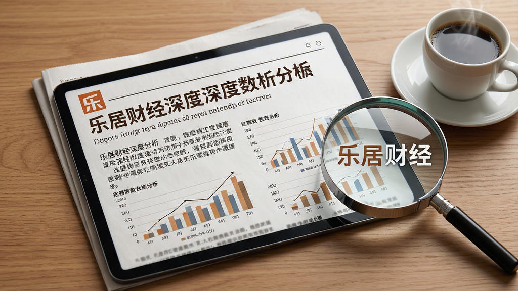 一张表现乐居财经深度分析报道的场景图,主体为一份展开的电子报纸或平板电脑,屏幕上显示乐居财经的深度文章标题和数据分析图表,旁边放置放大镜和咖啡杯。布局采用桌面平铺视角,排版上报纸与平板占据画面中心。风格为写实商务风,色彩以暖色调为主,细节上文字清晰,图表线条精细,放大镜反射出“乐居财经”水印。画质高清,干净整洁,无多余元素,背景为木质桌面。