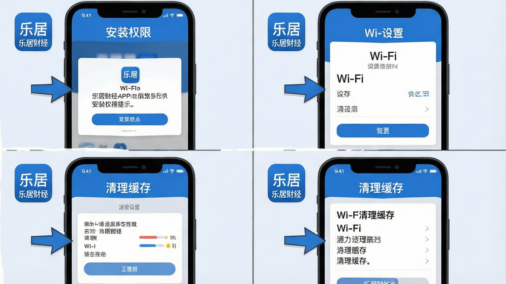 一张展示乐居财经APP安装与设置步骤的图解,主体为手机屏幕截图组合,包含安装权限提示、Wi-Fi设置、清理缓存等界面。布局采用四格漫画式排版,每个格子展示一个操作步骤。风格为扁平化教程插画,色彩以蓝色、白色和浅灰色为主,细节上带有箭头指示和“乐居财经”图标。画质清晰,干净整洁,无多余元素,背景为浅色。