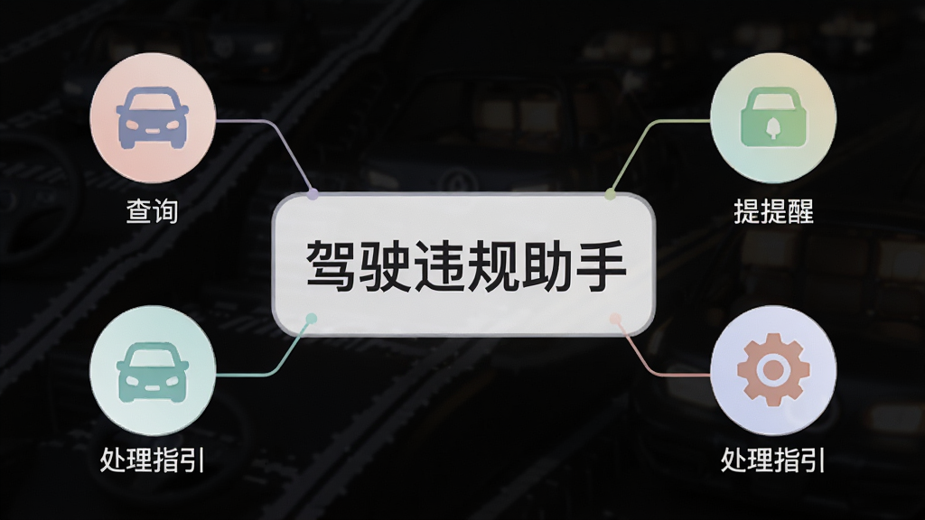 一张信息图表风格的图片,画面中央是“驾驶违规助手”的文字标识,周围环绕着几个图标,分别代表查询、提醒、处理指引等功能模块,图标下方有简短文字说明,整体配色柔和,排版整齐,画质干净,无多余元素
