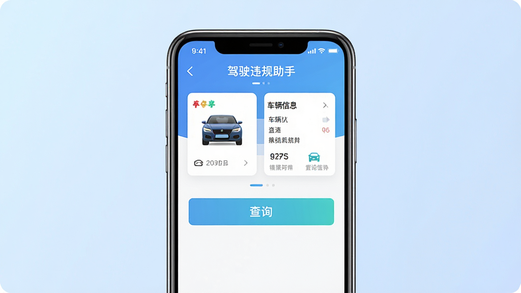 一张手机应用界面展示图,画面中央是一部竖屏智能手机,手机屏幕上显示“驾驶违规助手”应用的主页界面,界面包含车辆信息卡片和查询按钮等元素,背景为浅蓝色渐变,风格简洁现代,细节清晰,画质干净,无多余元素